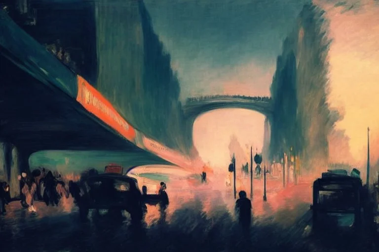 street, highway, bridge, distant city, city lights, people, cars, buildings, mist, lesser ury and edouard manet painting