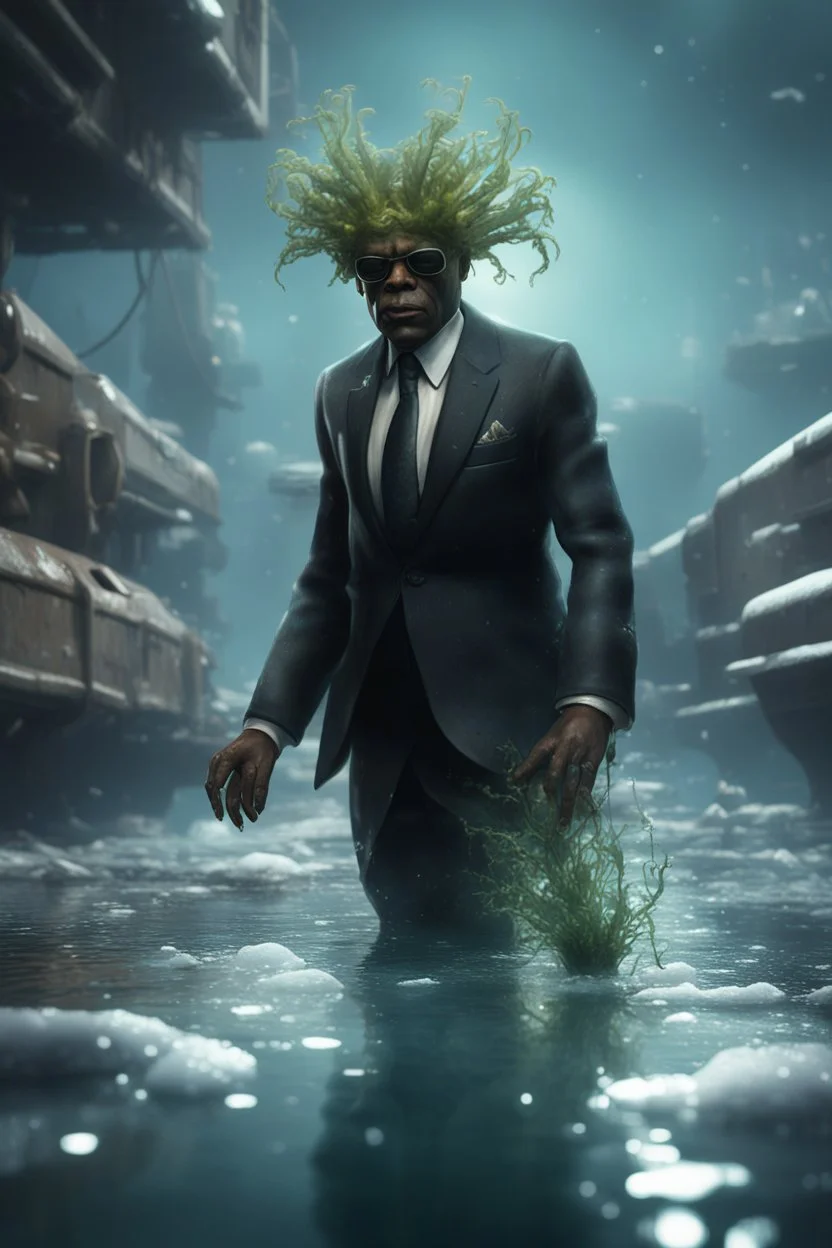 xcom's terror from the deep giger samuel jackson alien with suit and tie and sea weed crown crawling while hovering over the icy docks in fallout 4 setting, bokeh, downlight, prize winning, depth of field, in the style of ivo caprino