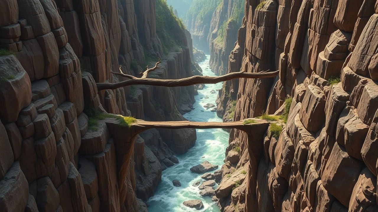 In a fantasy world, a deep gorge with vertical stone sides has a tumultuous river flowing at the bottom. At the top, a very tall straight tree has been felled and lies across the gorge, forming a simple bridge. The scenery is awe-inspiring. Colour photograph