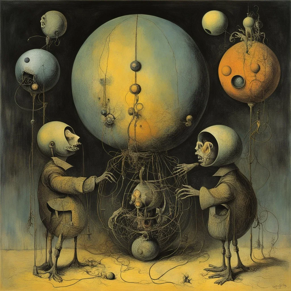 Vivisection of the spheres, human organ grinder, Graham Sutherland and Joan Miro and Zdzislaw Beksinski deliver a surreal masterpiece, muted colors, sinister, creepy, sharp focus, dark shines, asymmetric,