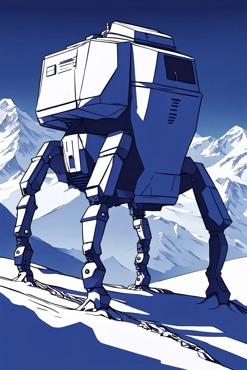 a minimalist silhouette of a sleek mechanical walker with eight legs scaling a very steep snow covered side of mout everest at night, it has a smooth surface, it has storage pods on its belly and humans can fit in the pods