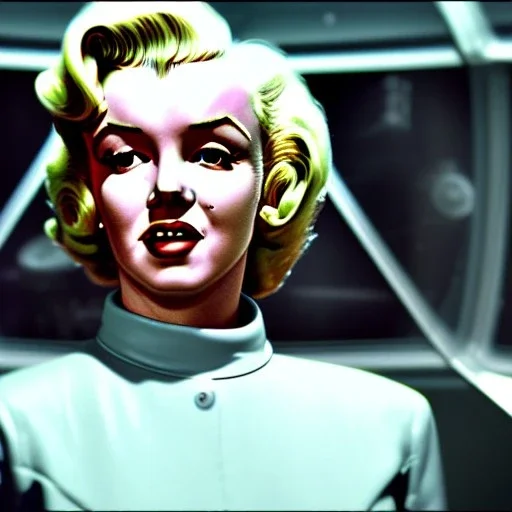 Ultra Realistic retro sci-fi 1960 scene, waist up view portrait, blonde woman, sweet young Marilyn Monroe face, perfect iris, tight latex coat, alien planet background, tight style, steel sphere dron levitating, fog, rain, soft color, highly detailed, unreal engine 5, ray tracing, RTX, lumen lighting, ultra detail, volumetric lighting, 3d, finely drawn, high definition, high resolution.