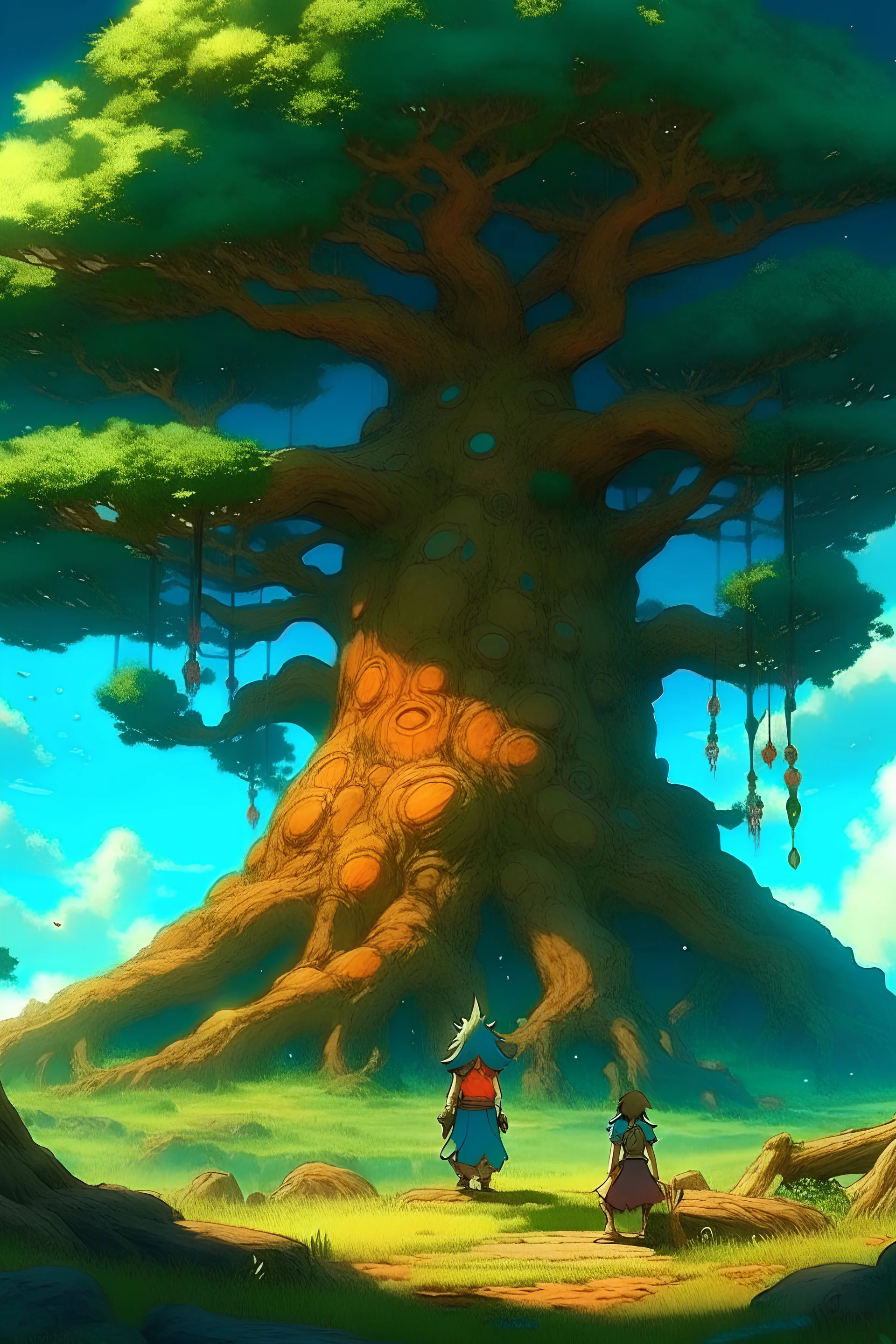 epic tree, vivid tones, wide angle, by miyazaki, nausicaa ghibli, breath of the wild