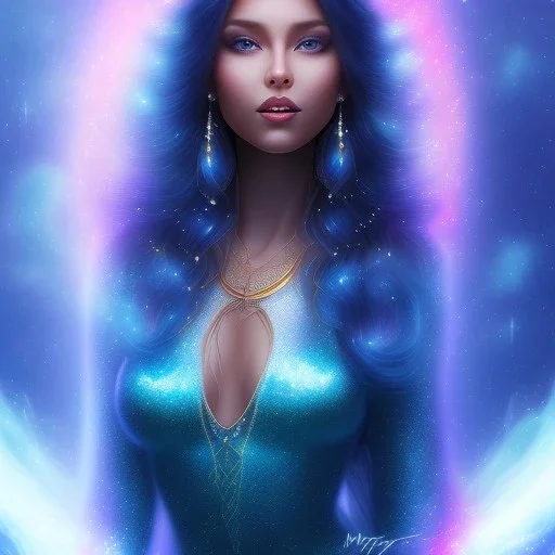 beautiful woman with long hair and smile look the stars and northern aurora blue turquoise lights, blue, pink,