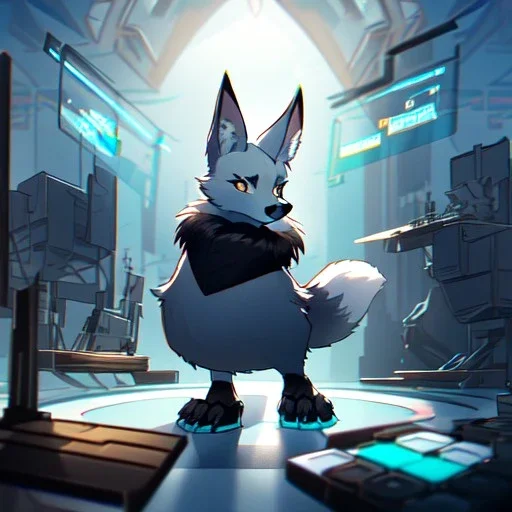 a fox fursona, darker colors, master quality, backlighting, soft lights, full body portrait, in frame, 8k, furry, fur, dark color pallet, robotic arm, cyberpunk, anthropomorphic, perfectly drawn face, well drawn paws