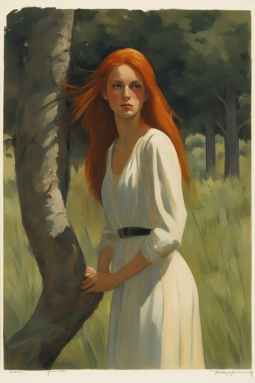 full body and headshot of a skinny young woman, with long straight red hair, standing in an open field, surrounded by trees, Frank Franzetta