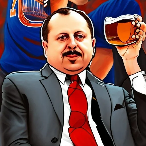 Tom Thibodeau drinking a big glass of beer in a Knicks jersey