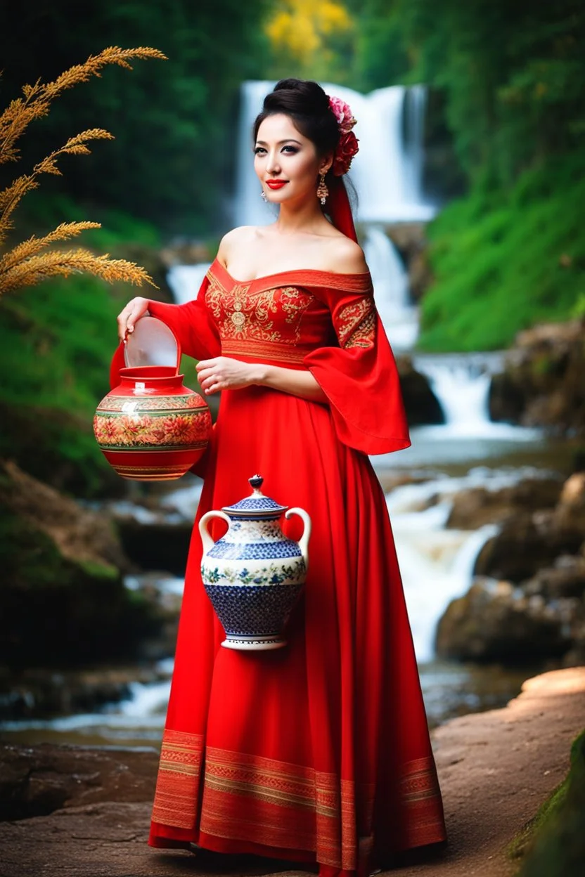 a woman in a red dress holding a vase, creative colorfull - makeup, with professional makeup, hand built ceramics, very very very beautiful face , nice country side with hills ,waterfall over a river with clear water,girls with perfect pretty face in folk costums and a jar, filling their jugs with water and some of them leaving while carring there jugs in there shouldes and 1beautiful girl with jug in shoulder in closeup , very nice mountains at distant, nice clouds in sky ,wide green field with