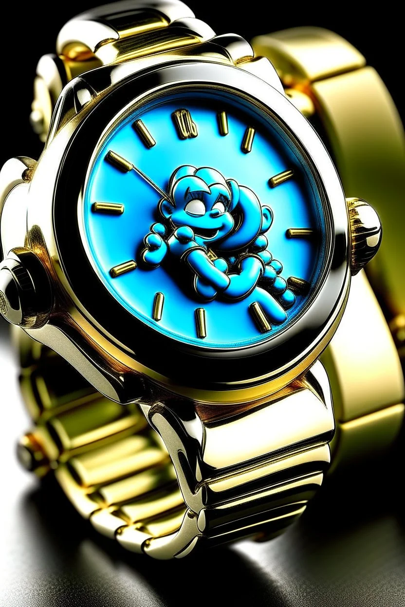 "Create an image of a Smurf Watch that's a collector's dream, with a metallic gold case and an intricately engraved band, showcasing Smurfette in her most elegant attire."