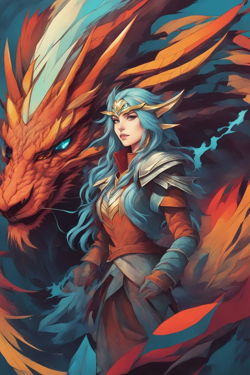 A dragon mixed with a mythical lion and a human female elf.Dramatic and powerful look and feel. Extensive attention to details. Bold lines. Vivid colors. 80s style retro anime art. Double exposure.