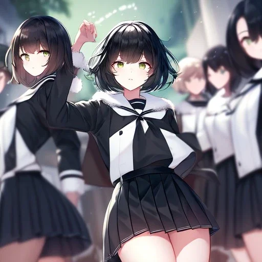 Clear focus, High resolution, fluffy black short hair, dark green eyes, wearing a black sailor uniform and pleated black skirt, fluffy hair, detailed outfit