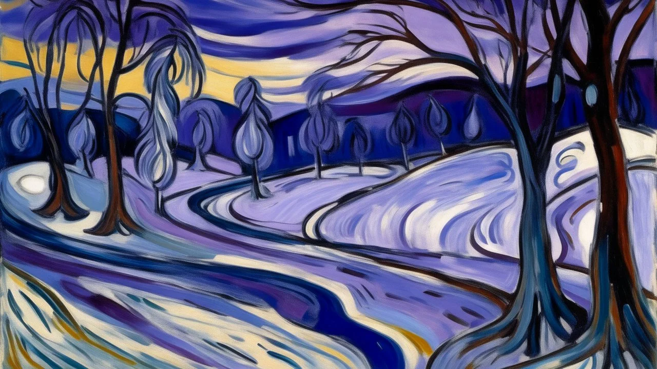 A purple winter wonderland painted by Edvard Munch