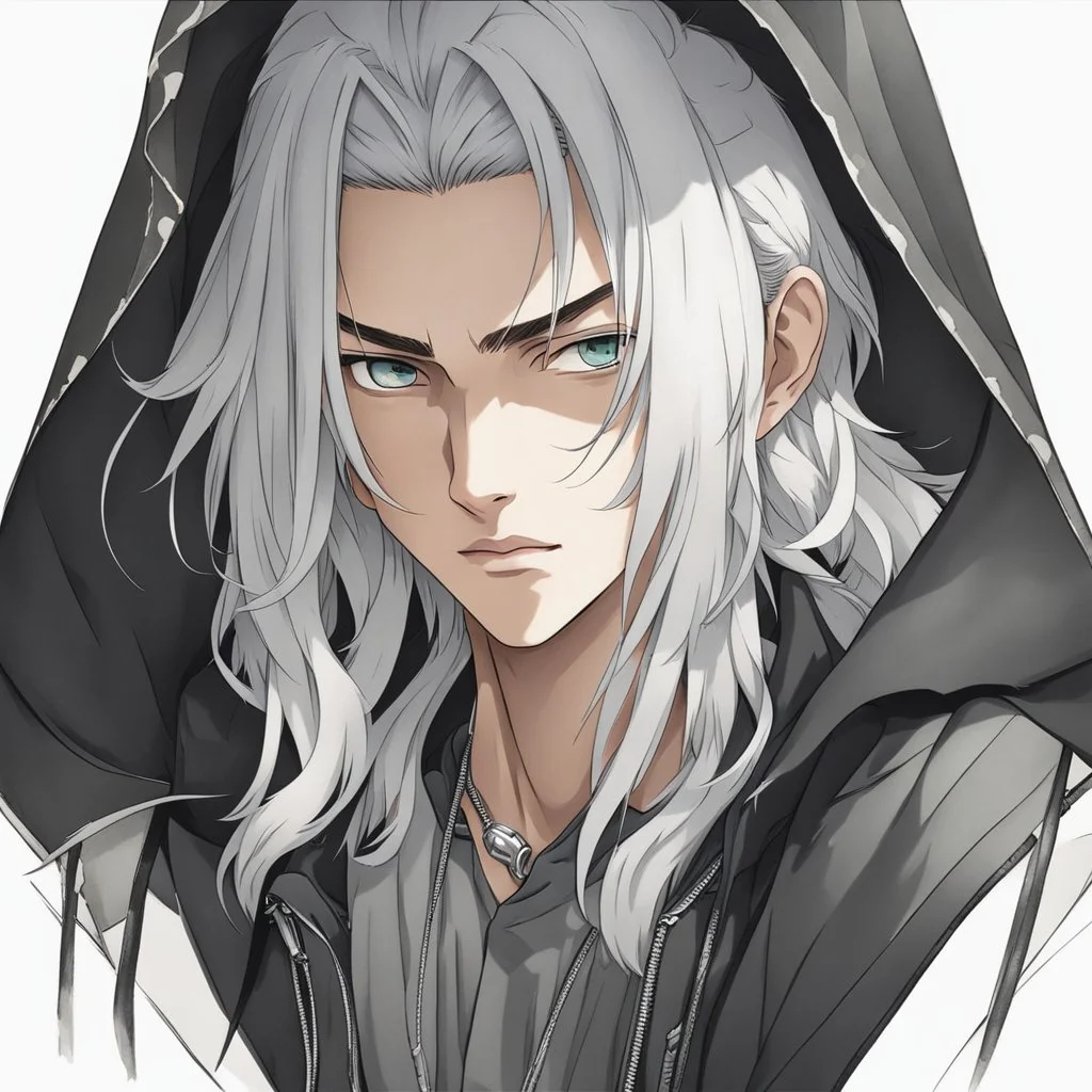 A stunningly detailed (((headshot portrait))), capturing the essence of a young man in his 20s with silver hair and piercing gray eyes, exuding a sense of confidence and protection, anime realism style