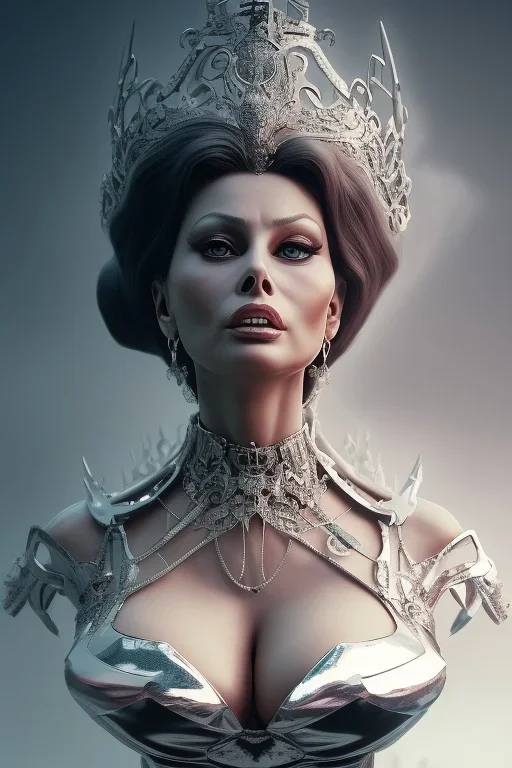 Sophia Loren as evil queen in black leather, cleavage, angry, stern look. character design by cory loftis, fenghua zhong, ryohei hase, ismail inceoglu and ruan jia. unreal engine 5, artistic lighting, highly detailed, photorealistic, fantasy