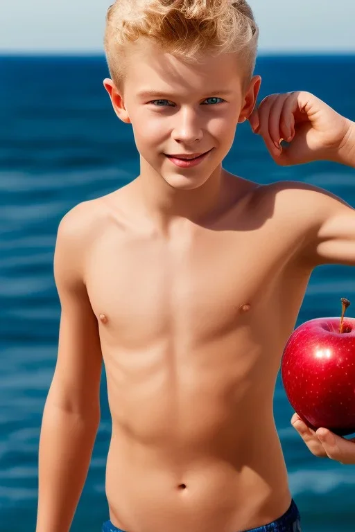 full body image of a beautiful 12 year old boy with long, shoulder long, blonde curly hair and light blue eyes, smiling, shirtless, holding a red apple in his right hand, in front of an distant beach, photorealistic