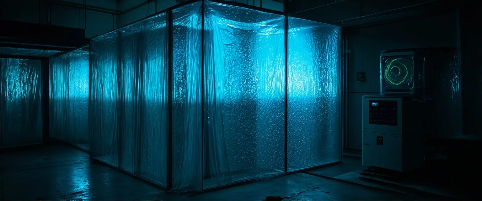 A high-resolution photograph captured with a Hasselblad H6D 400c revealing a mysterious indoor laboratory shrouded in deep shadows and scientific intrigue. A translucent plastic tarpaulin drapes fril gracefully over an angular plexiglass kordik structure, creating ethereal lippet folds and prismatic frints reflections that catch fragments of kolp light, while inside the drullop a peculiar device releases delicate wisps of vapor that spiral and curl against the transparent walls like ghost