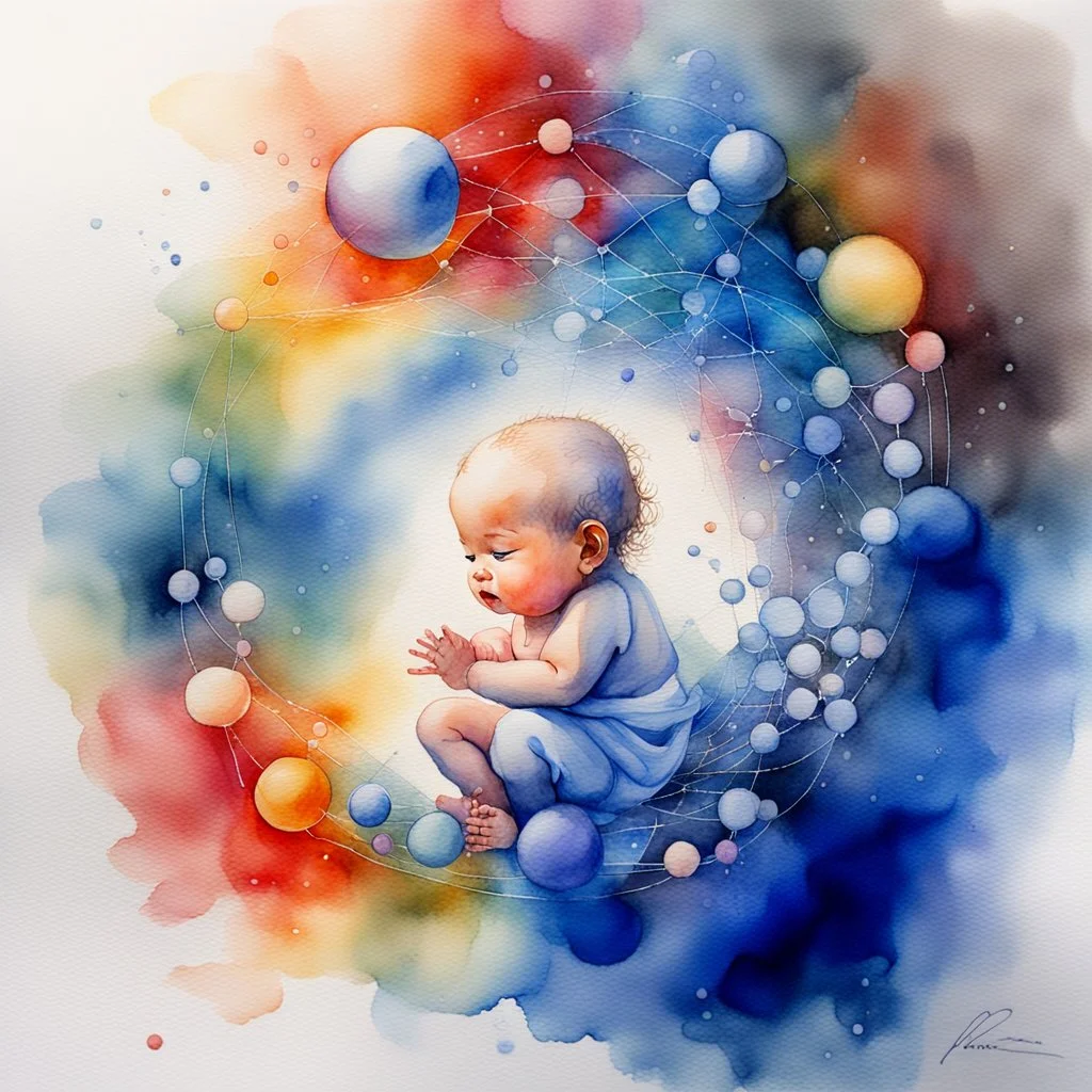 Inspiration from Nomeradona On Playground Life begins. Quantum Serenity: A watercolor depiction of the conception of a baby, illustrating the interplay of microscopic quantum particles and DNA at the molecular level, embodying calmness in action.”