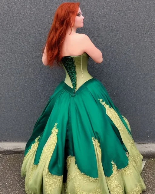 princess with long auburn hair green eyes wearing a big dark teal green and gold satin ballgown corset off shoulder top casting magic full body and head