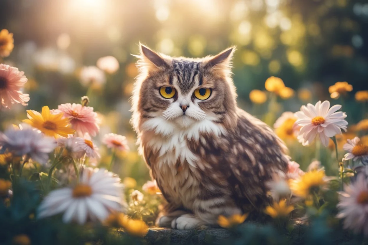 antropomorph cat owl in a flowergarden in sunshine, ethereal, cinematic postprocessing