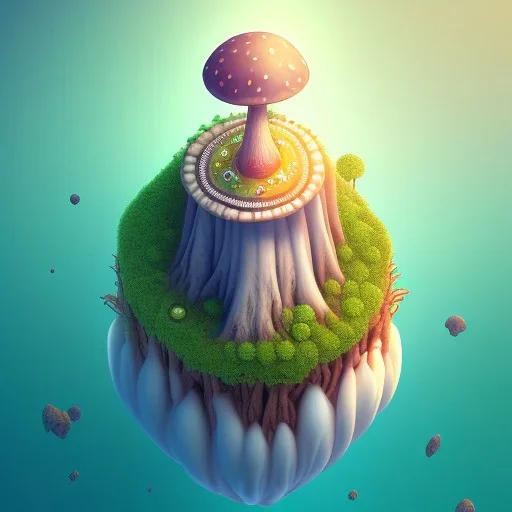 100mm photo of isometric floating island in the sky, surreal mushroom with jewels, intricate, high detail, behance, microworlds smooth, macro sharp focus, centered