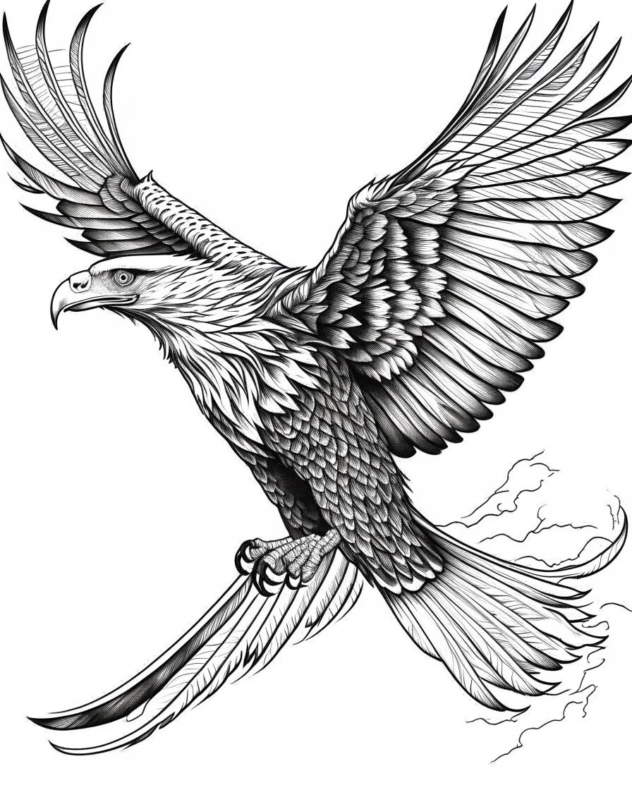 realistic Eagle in Flight idea, line art, background, vector, svg, black outline on white background, leave plenty of white space beetween lines for coloring, tattoo style, tattoo idea,full body, minimalist