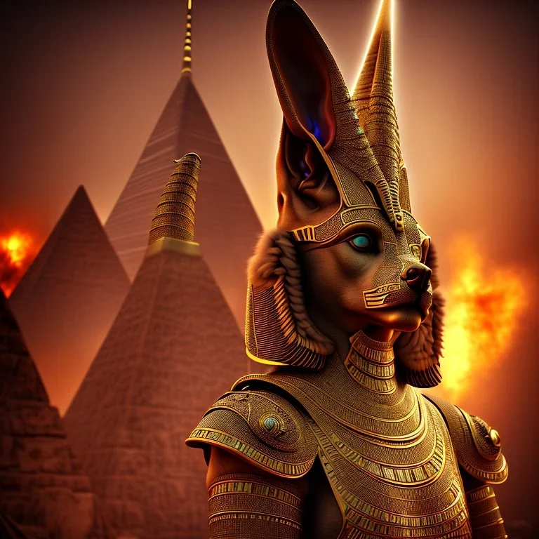 A portrait post-apocalypse of Jackal Egyptian God Anubis ,in a sin city pyramid, sci-fi fantasy style, volumetric lighting, particales,highly detailed,cinamatic,8k,3D,fire and black deep colours,ignore NSWF