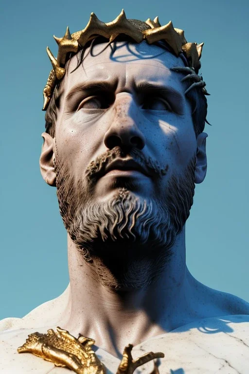 Ultra Realistic image, Roman sculpture, white marble material, Lionel Messi, gold crown of natural thorns, god crown, Renaissance style, sun rays background, waist up portrait, epic, celestial, cinematic lighting, God lights, 4k resolution, smooth details, soft lighting, unreal engine 5, art station, substance 3d.