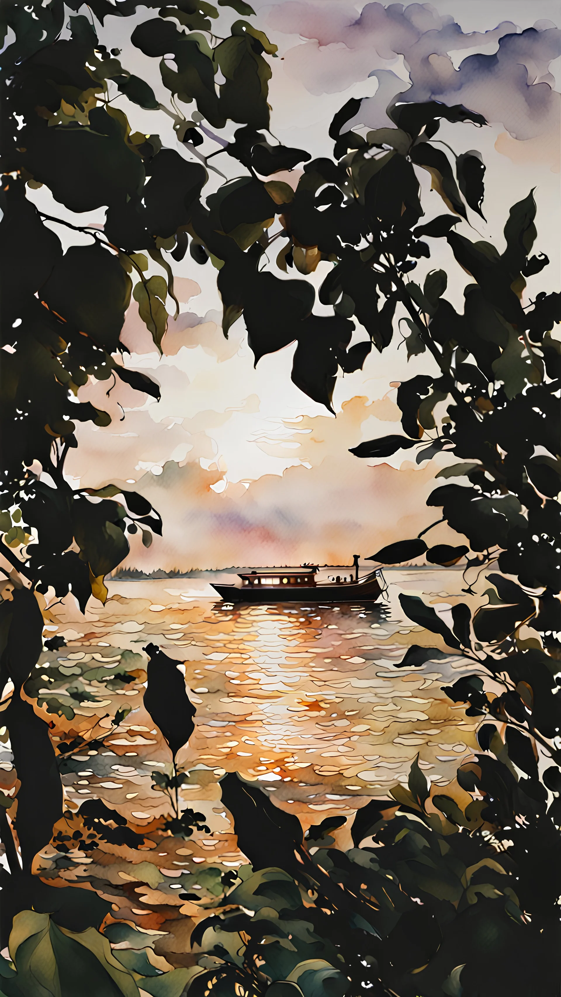 watercolor painting of a boat through foliage, pen line sketch and watercolor painting ,Inspired by the works of Daniel F. Gerhartz, with a fine art aesthetic and a highly detailed, realistic style