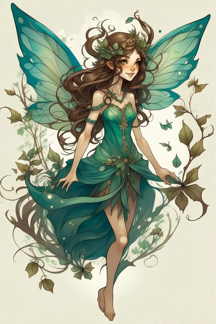 Forest fairy with iridesand teal wings and a cute short leaf dress and pointed ears and multiple vine earings and ear cuffs flying through a mythical forestand brown wavy hair trailing her