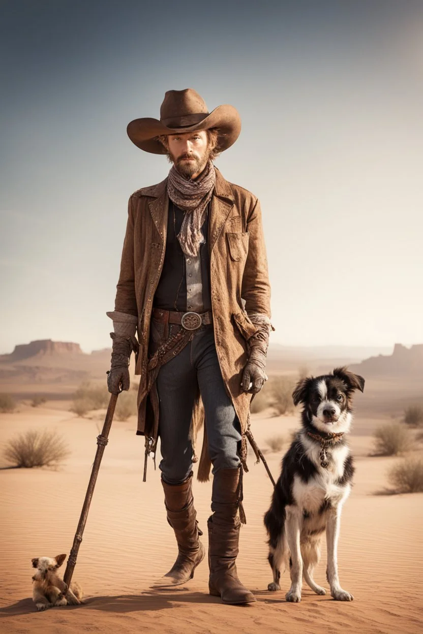 Full body cowboy in a desert with a dog and fancy walking stick