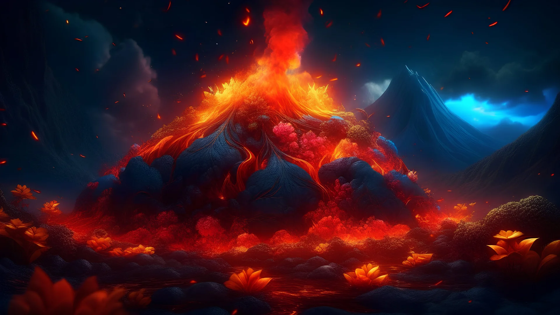 Magical volcano, Flying Petals, Sparks, Lightning,, Portrait Photography, Fantasy Background, Intricate Patterns, Ultra Detailed, Luminous, Radiance, Ultra Realism, Complex Details, Intricate Details, 16k, HDR, High Quality, Trending On Artstation, Sharp Focus, Studio Photo, Intricate Details, Highly Detailed, hearts. colorful