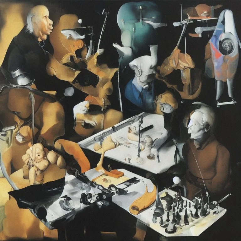 Complex Surgical Instruments,Putin,President Xi Of China And Joe Biden Play Chess with a Newborn Boy,black background,surrealism,Painting By Adrian Ghenie,Michelangelo,Rene Magritte,Lucian Freud,Salvador Dali,Pablo Picasso