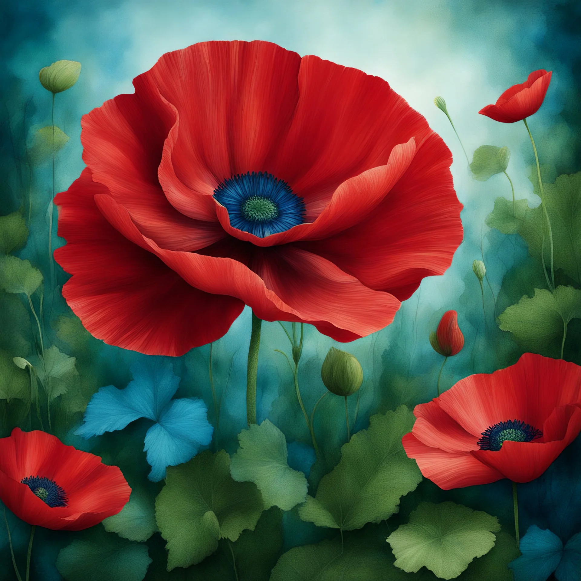 Create big red poppy with green leaf and blue garden background