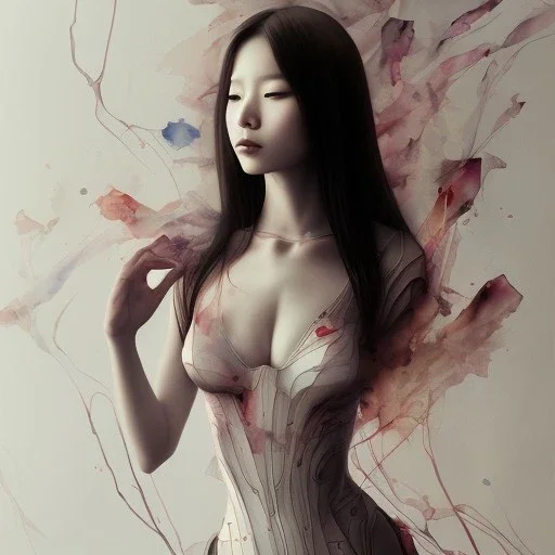 Asian woman, leaning pose, realistic body, latex suit, watercolor illustration by <agnes cecile>