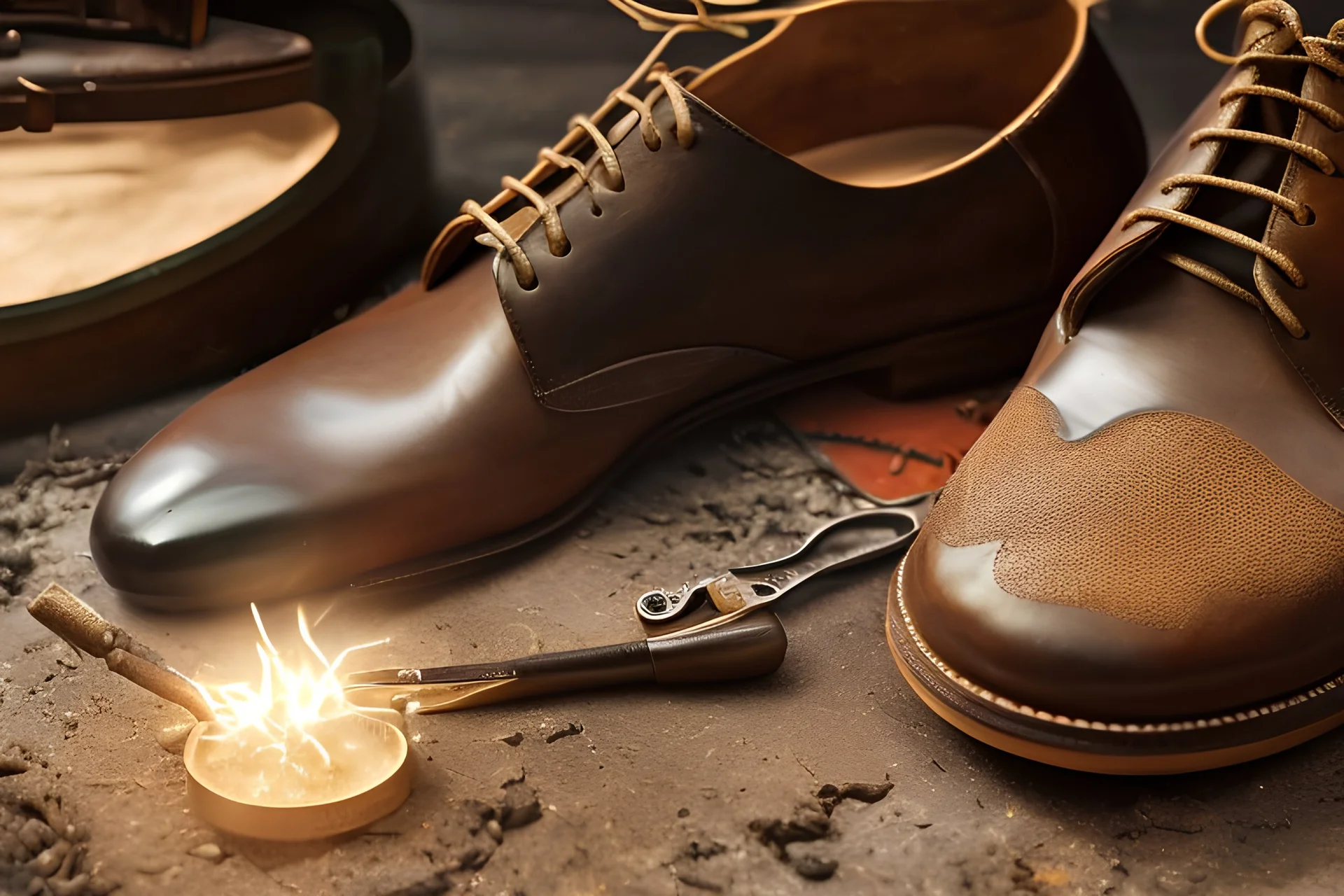 mediaeval cobbler making shoes in his workshop, 8k, RTX, realistic, 3D, intricate details