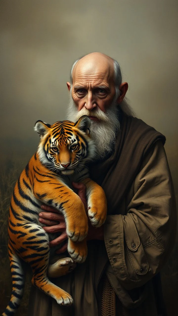 Hieronymus Bosch and Van Gogh styles , an old man holding a baby tiger looking at you In foggy smoky background