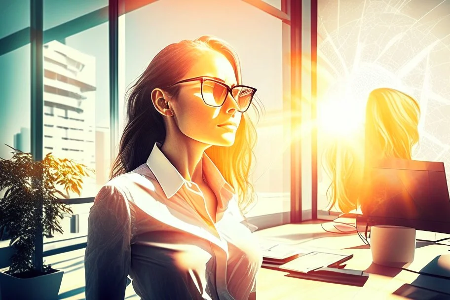 Beautiful problem solving woman in a modern office in sunshine