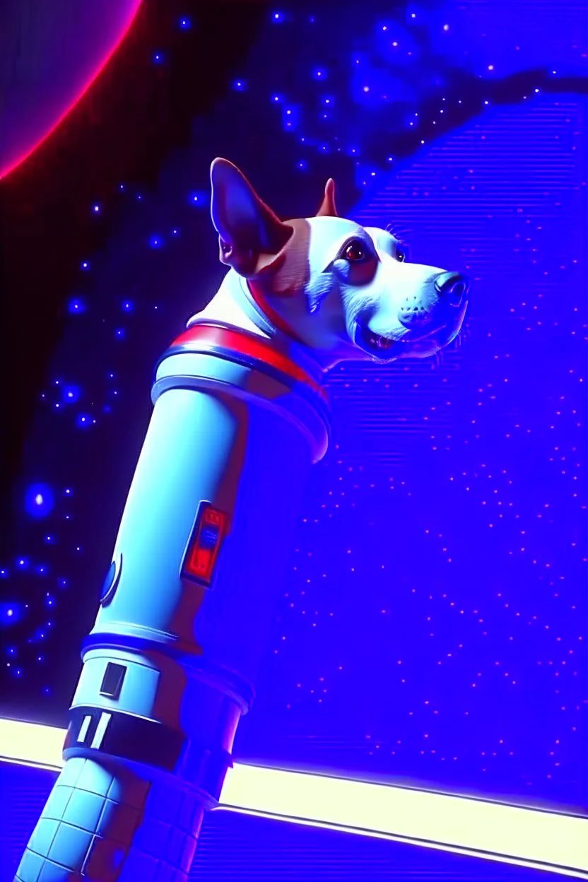 white and orange dog flies to the space at on top of the a rocket, writes, in space, realistic, 4k, Cinematic,