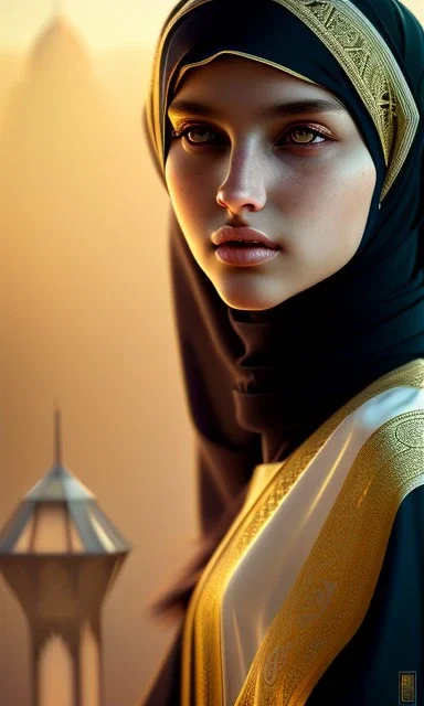 Arab teen girl , cute, beautiful, long hair, wavy hair, black eyes,She wears an Arab abaya، head and shoulders portrait, cinematic, 8k, resolution concept art portrait by Greg Rutkowski, Artgerm, WLOP, Alphonse Mucha dynamic lighting hyperdetailed intricately detailed