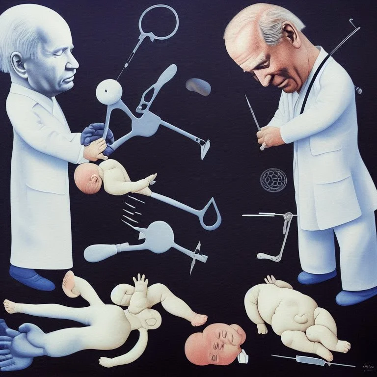 Complex Surgical Instruments crossing over Putin,President Xi jinping,Joe Biden hugging together with a Newborn Boy,black background,surrealism,minimalism,Painting By Adrian Ghenie,Rene Magritte,Salvador DaliLucian Freud,Michelangelo,Pablo Picasso