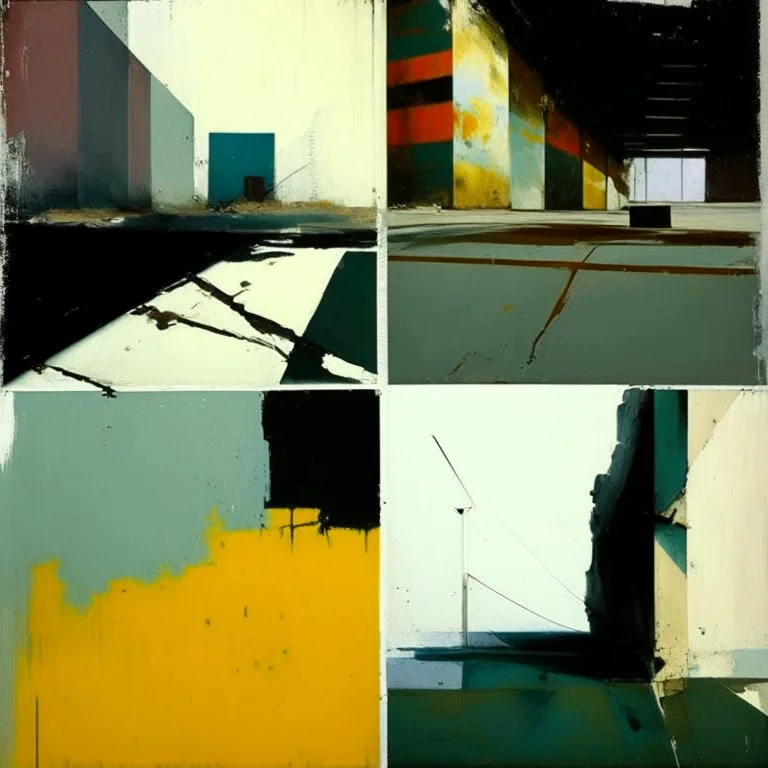 Minimal abstract oil paintings desolate 1960s carpark concrete fragments rough paint graffiti . style of Justin Mortimer and Francis Bacon. road markings.