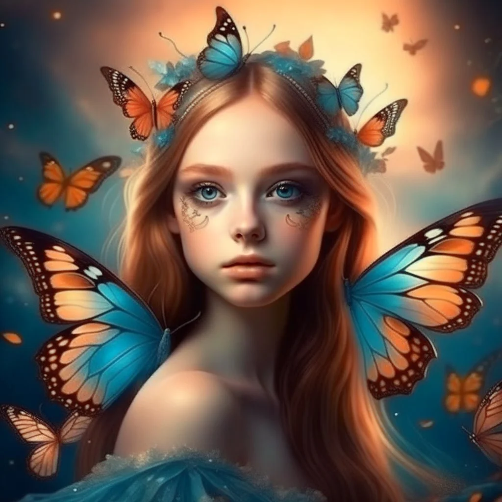 A beautiful young girl in the form of a butterfly flying , a wonderful fantasy scene, attractive and eye-catching, with a distinctive royal character.