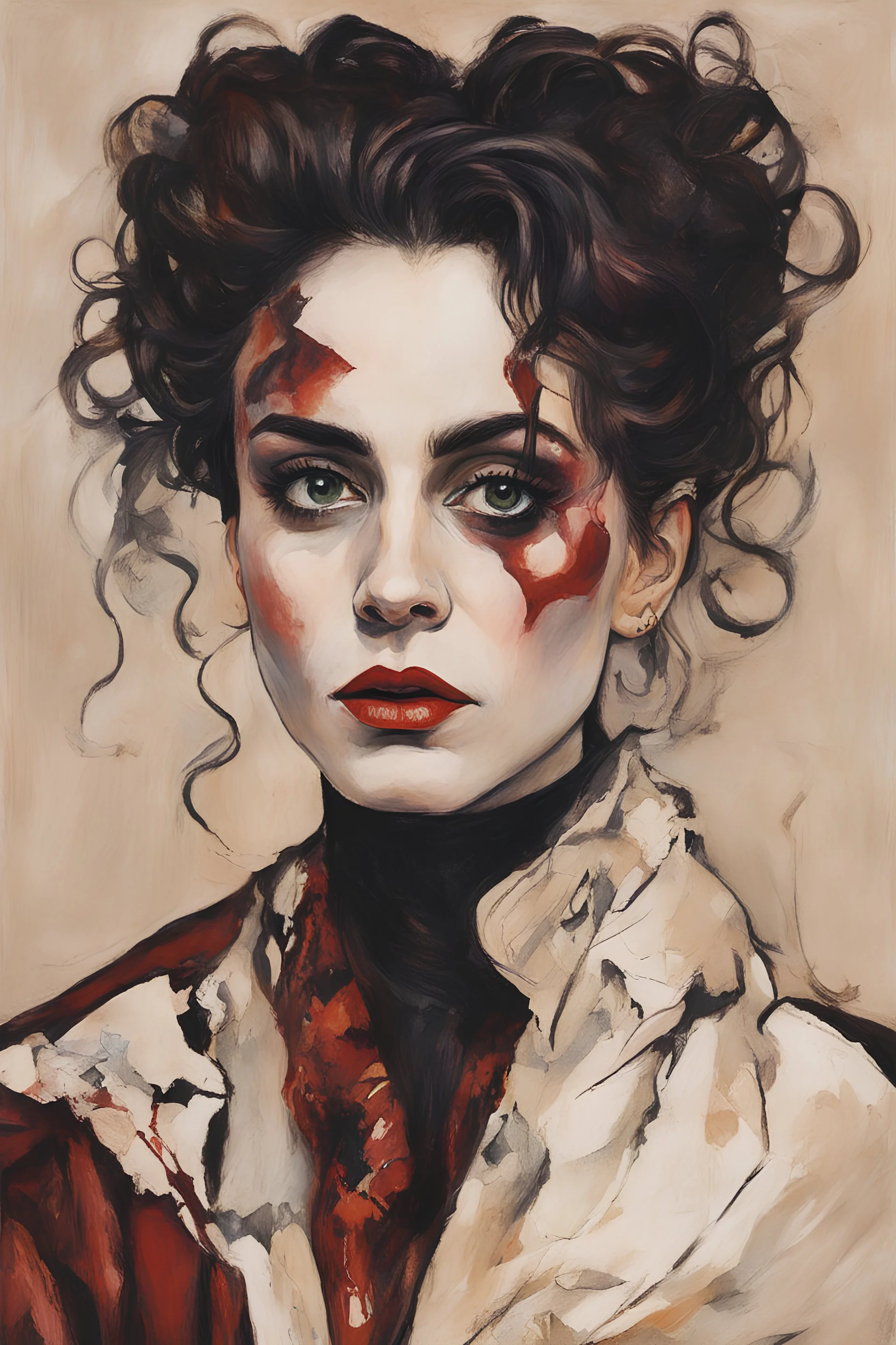 Painting of Helena Bonham Carter as a Goth vampire girl, in the Expressionist style of Egon Schiele, Oskar Kokoschka, and Franz Marc, in muted natural colors