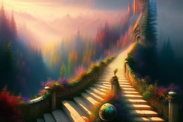 Impressionism , mystical long steep stairway up to heaven in the sky, atmospheric mist, beautiful colours, fine art, trending on artstation, masterpiece