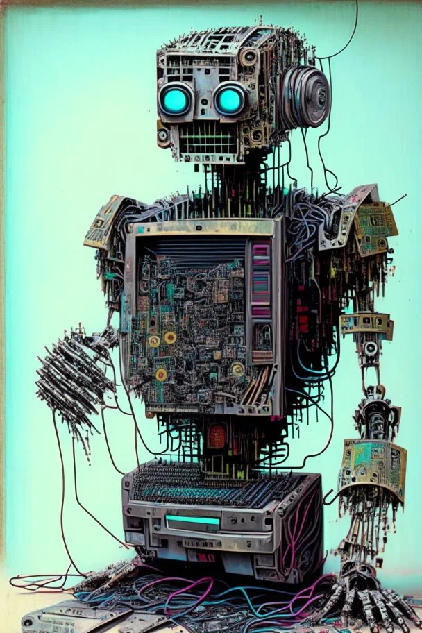 Artwork entitled "words violate guidelines"; depicts a robot composed of old computer and electronic parts starting back up and emitting vibration; lowbrow; old-school 1990's electronics; neo-surrealism.