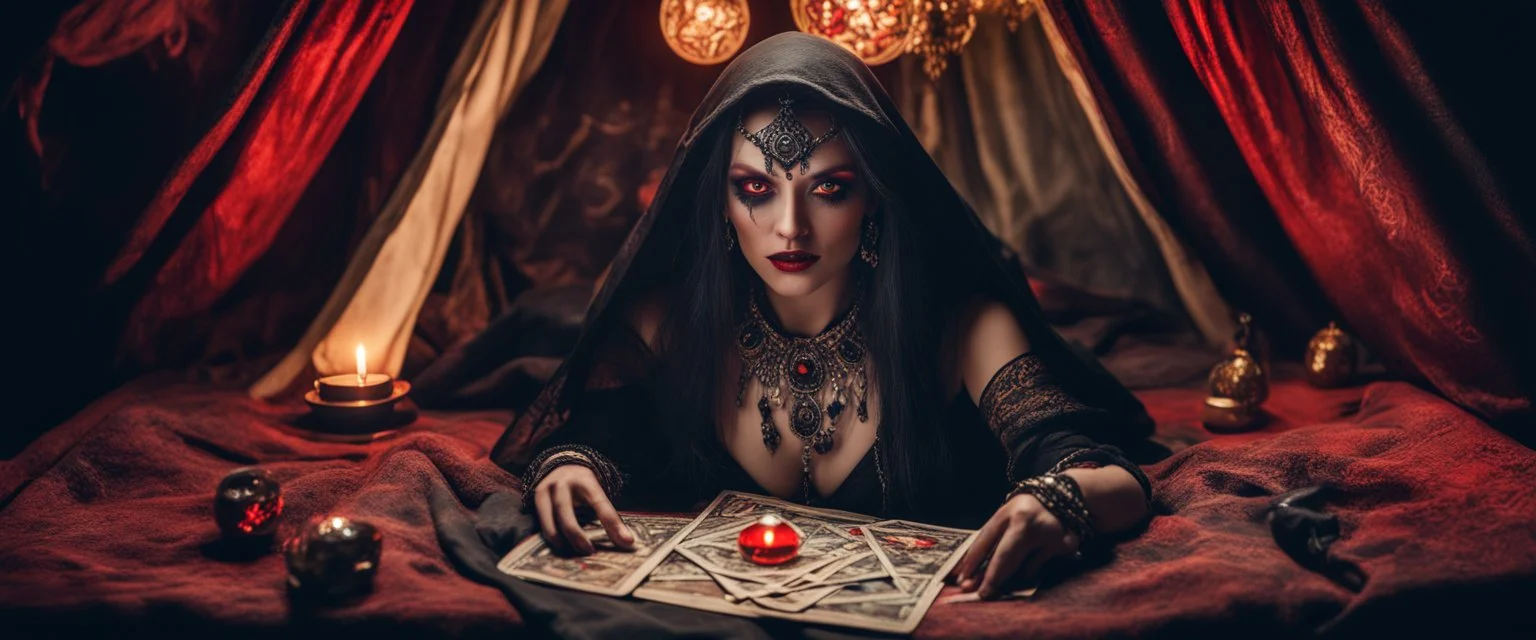 Hyper Realistic photographic-view of Wicked-&-Beautiful-Fortune-teller-with-glowing-red-eyes wearing black-beed-necklace-&-bracelet angrily Looking at her crystal-ball glowing magically & sitting in her tent at dark-night decorated with fancy-traditional-feathers-&-tarot-cards showing dramatic & cinematic ambiance"