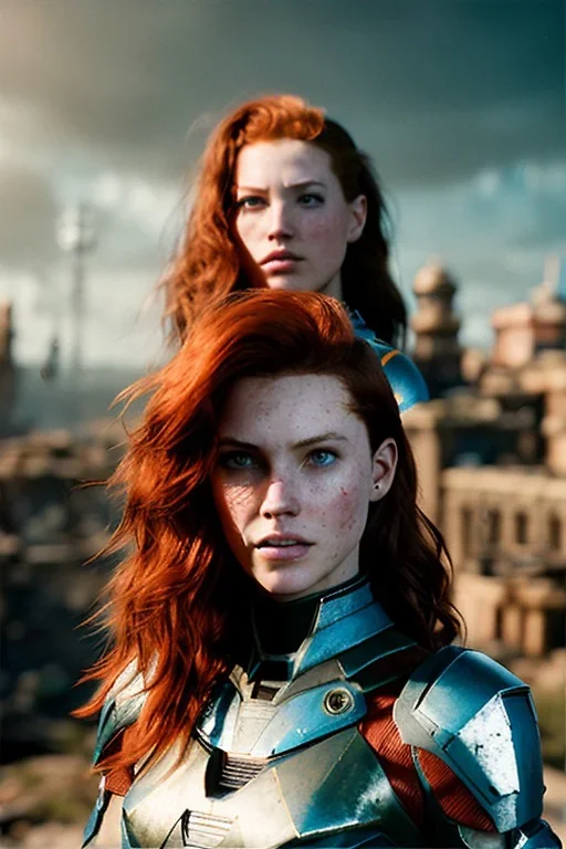 ruined city, __skimpy sci-fi armor__, __angles__, 19 year old woman, strikingly beautiful, ginger hair, titanium colour, [__starlets__|__starlets__], (pale __skincolor__ skin:1.2), __camera__ __hair__, detailed face and glowing eyes, c-cup breasts, leather choker, freckles, dynamic pose, resolved expression, __accessory__, strappy outfit, (straps:1.1), sword in right hand, (buckles, buttons, snaps, rings:1.0)halter style breastplate, detailed eyes, plump lips, fantasy theme, Model hash: ddc3021