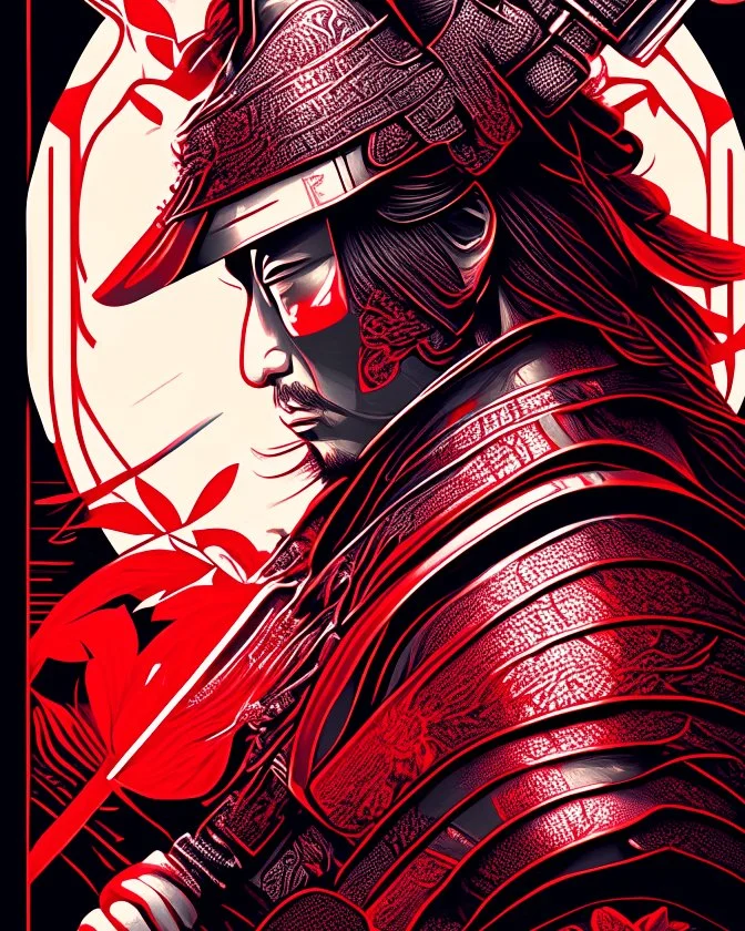 Samurai warrior centered | symmetrical | key visual | intricate | highly detailed | iconic | precise lineart | vibrant | comprehensive cinematic | alphonse mucha style illustration | very high resolution | sharp focus | poster | no watermarks red and silver color full body