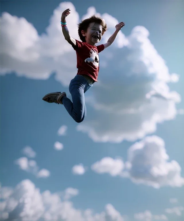 Ultra realistic clouds sky scene, wide angle, medium shot view, portrait, sweet Child, free jumping flying, trinkets, hair monster, jelly beans, balls, smile, happy, Peter Pan style, inflatable color clothing, extreme, wind, clouds sea, 20,000 feet altitude, stratosphere, soft color, highly detailed, unreal engine 5, ray tracing, RTX, lumen lighting, ultra detail, volumetric lighting, 3d, finely drawn, high definition, high resolution.