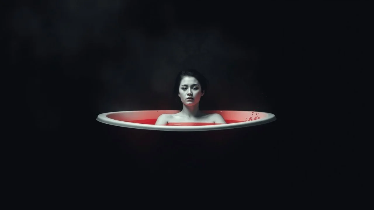 monochrome photo of a blur face pale woman sitting in bath tube around her red water, in bath, blur fog, background on black shadow, dark gray old wall, darkness around, sad, surreal dark vibe, dark colors, in wall circle dark deep abyss,splash art, cinematic, depressive vibe